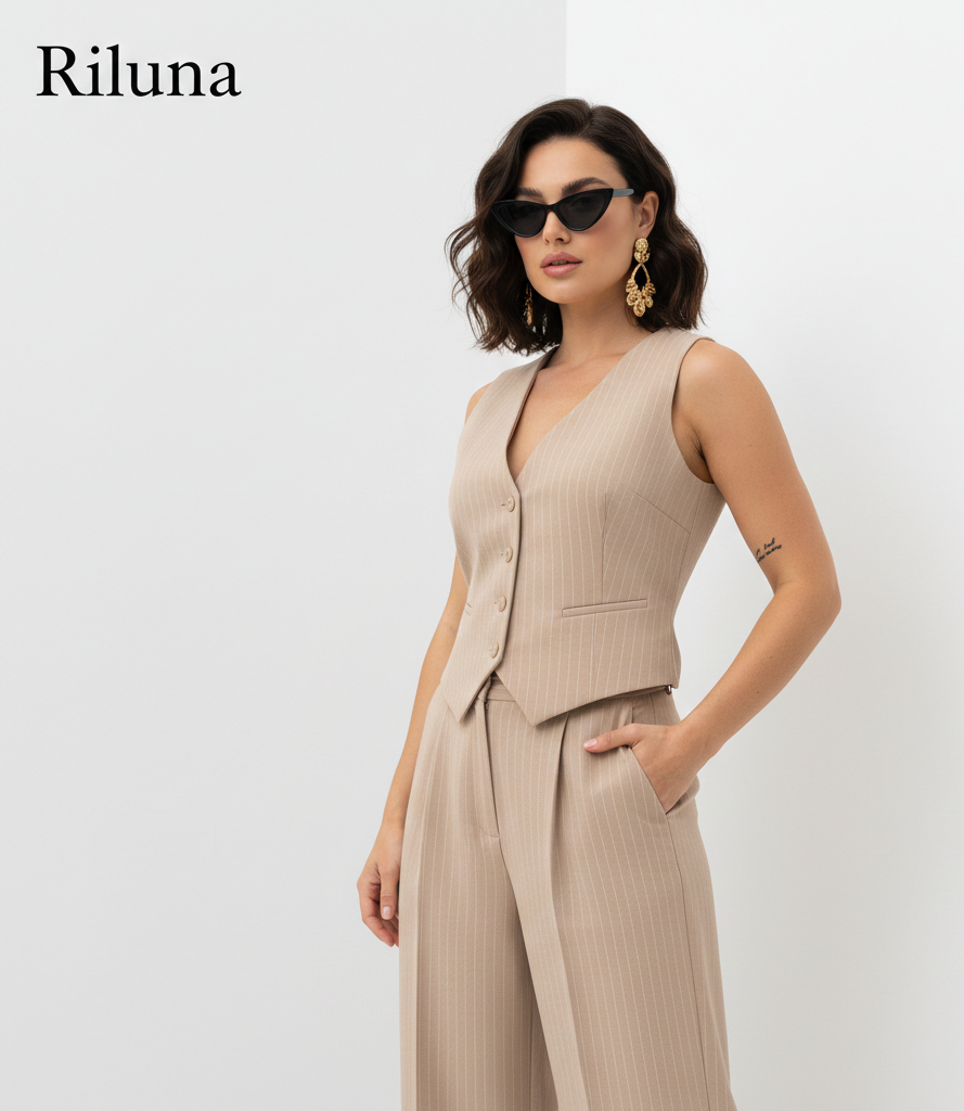 COMPLETO GILET PANTALONE GESSATO SABBIA