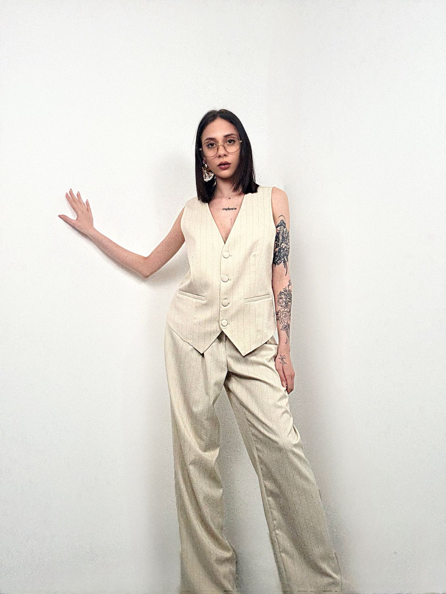 COMPLETO GILET PANTALONE GESSATO SABBIA